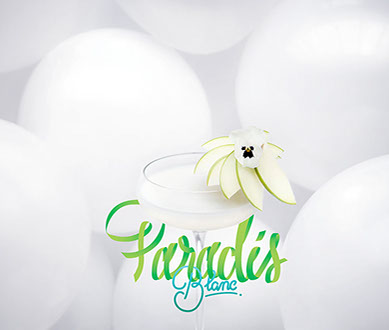Photo du cocktail de Tigre Blanc, Paradis Blanc, avec titre typo
